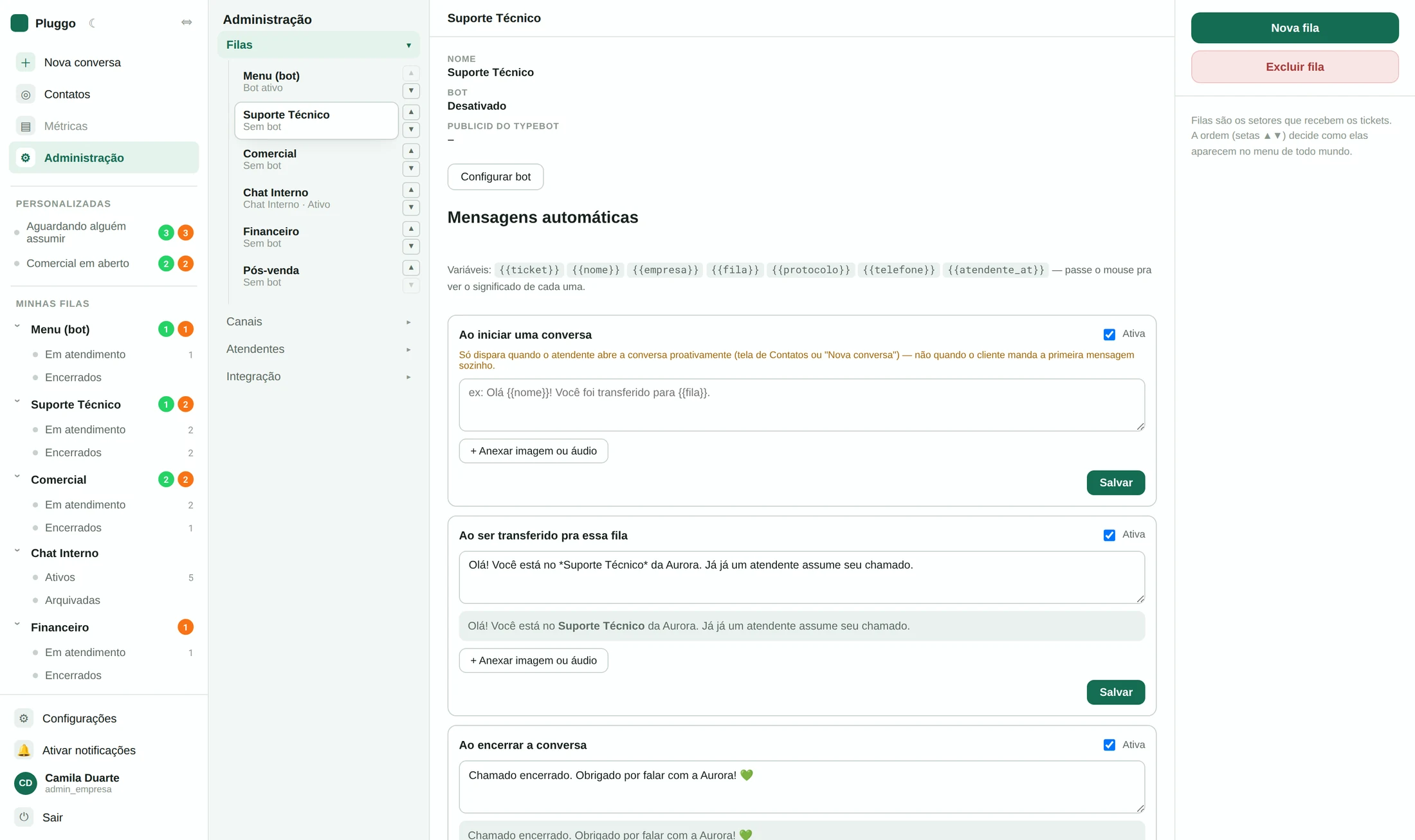 Tela de administração de filas do Pluggo com mensagens automáticas e variáveis