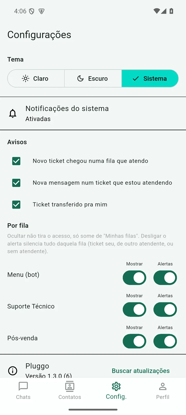 Configurações do aplicativo: tema, avisos e notificação por fila